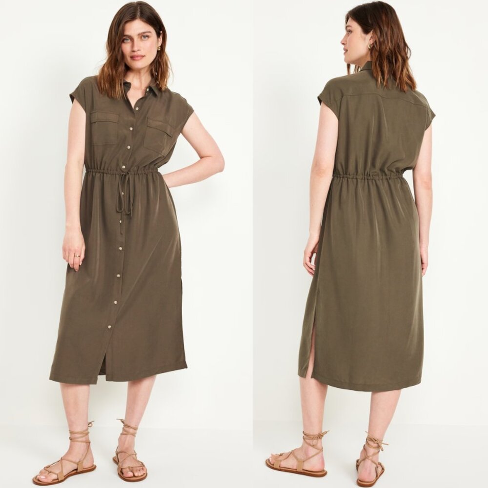 NEW Old Navy Waist Defined Utility Midi Shirt Dress | Color Army Green | Size S